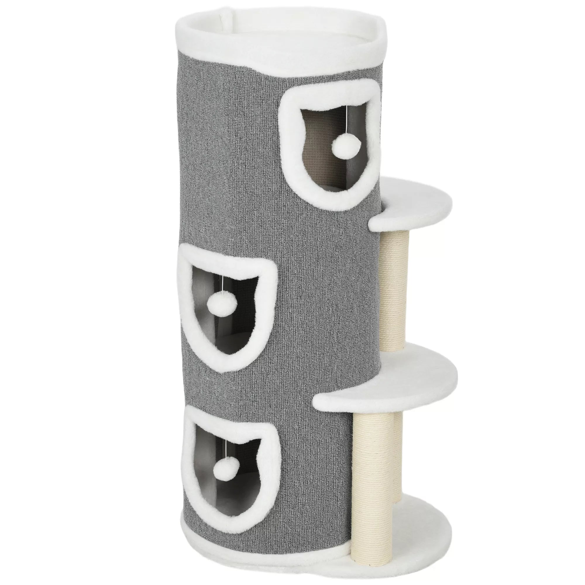 101 cm kaķu tornis, 3 līmeņi, 3 guļamvietas, rotaļu bumbiņas, skrāpējamais stabs, sizala materiāls, skaidu plāksne, pelēks