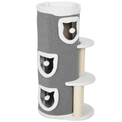 101 cm kaķu tornis, 3 līmeņi, 3 guļamvietas, rotaļu bumbiņas, skrāpējamais stabs, sizala materiāls, skaidu plāksne, pelēks