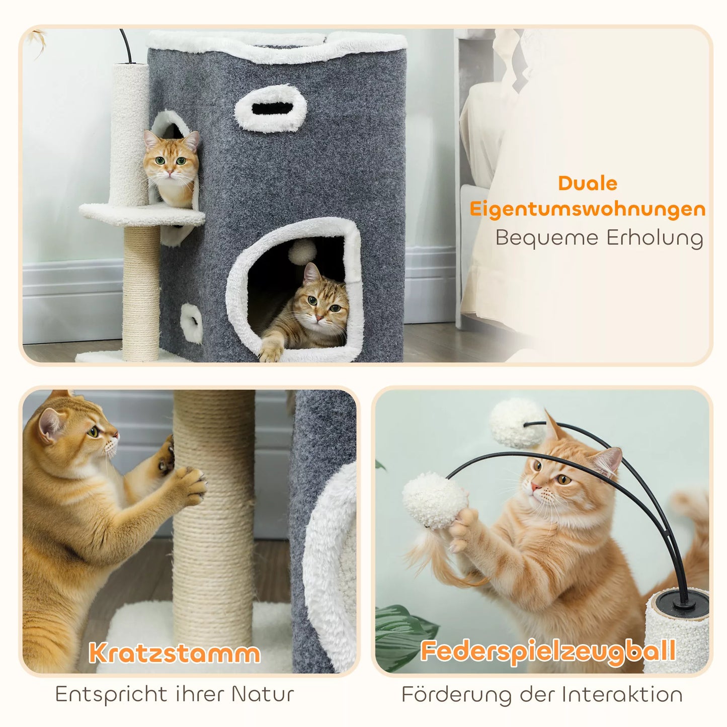 Cat scratching post, upper resting area, 2-storey house, sisal posts, grey