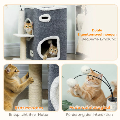 Cat scratching post, upper resting area, 2-storey house, sisal posts, grey