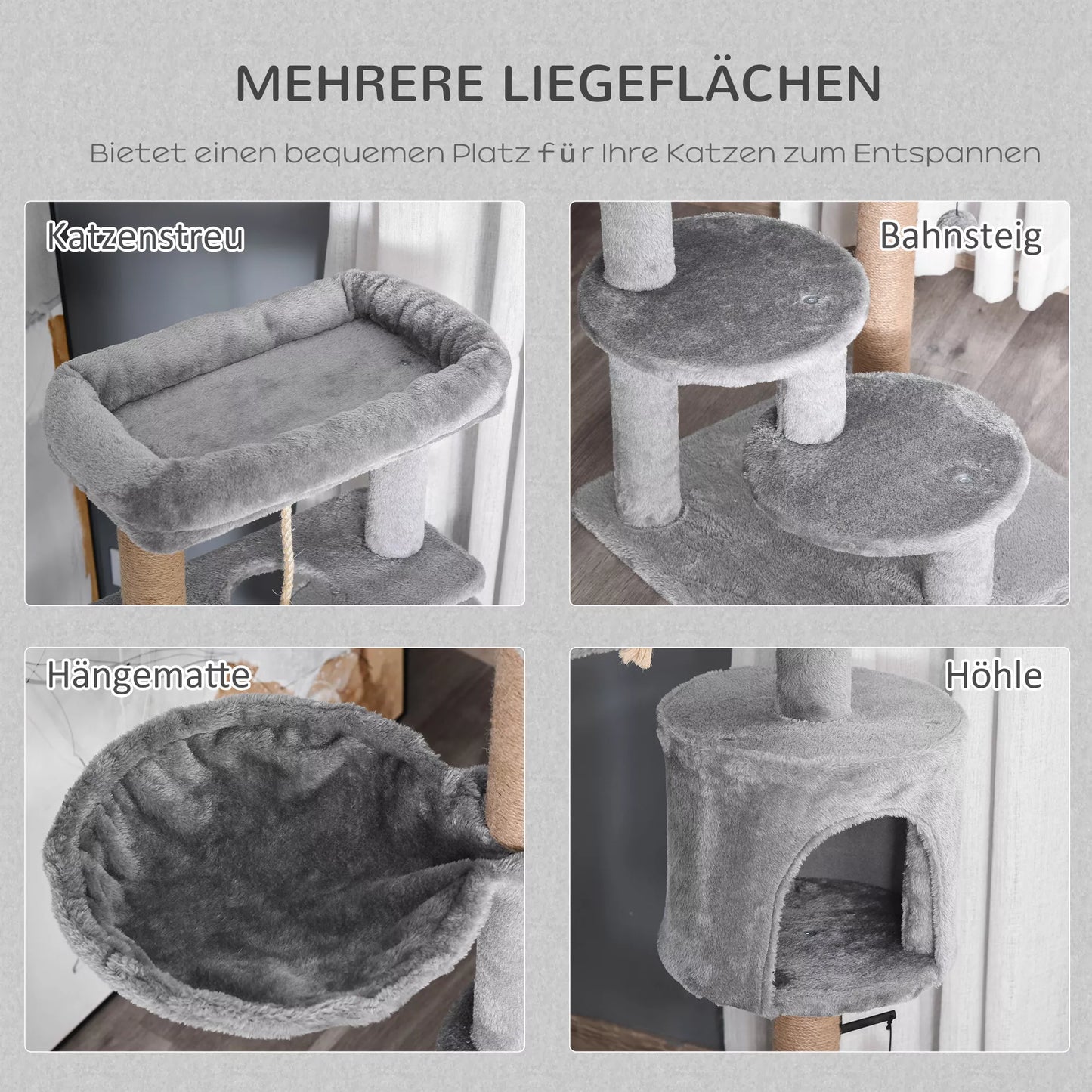 Kaķu skrāpējamais stabs, kaķu koks, 1 kaķu akmens, kaķu gulta, 1 šūpuļtīkls, ar rotaļlietām, gaiši pelēks