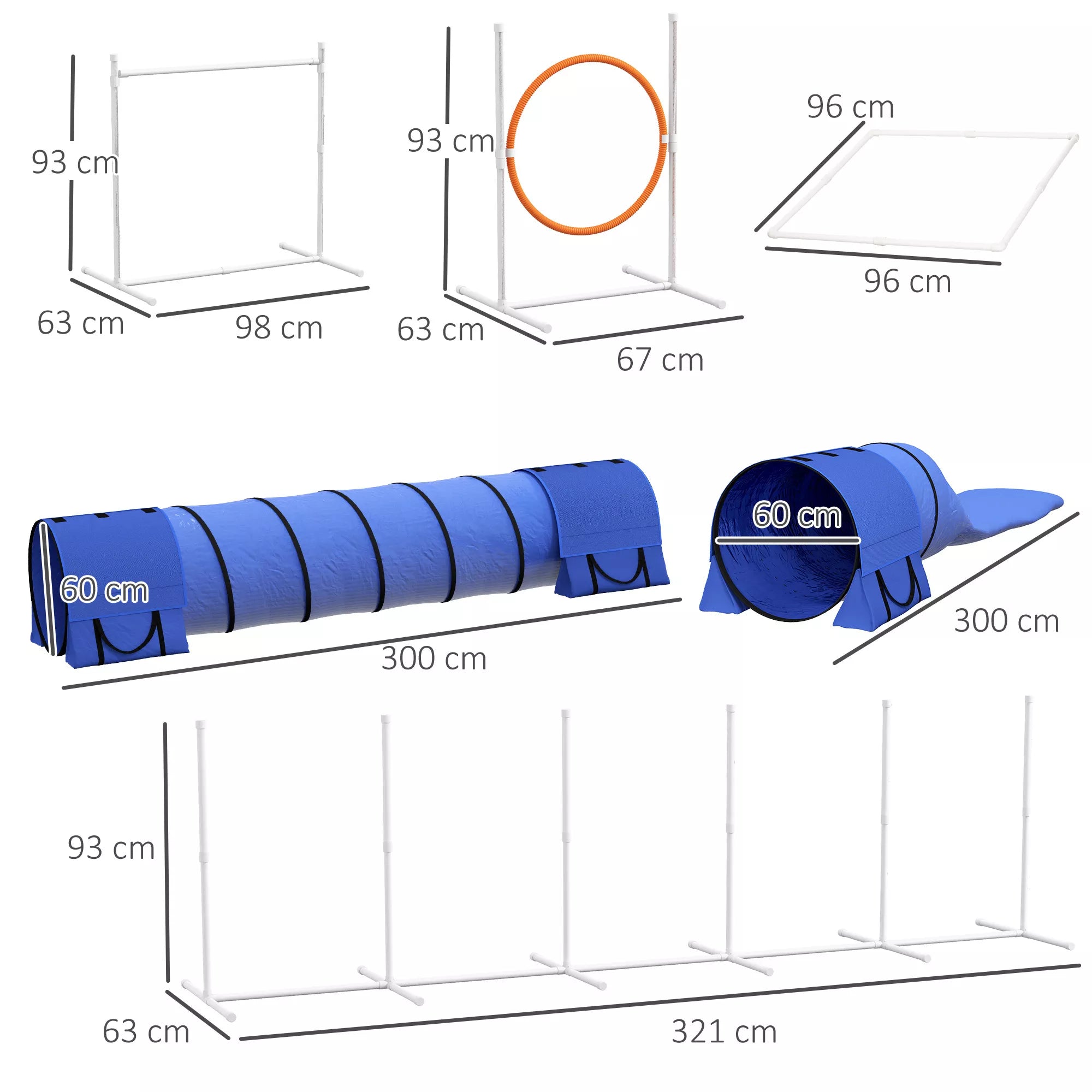 Šunų Agiliti trasos komplektas, 1 lankas, 2 tuneliai, 2 barjerai, 321 cm x 63 cm x 93 cm, mėlyna + raudona + balta