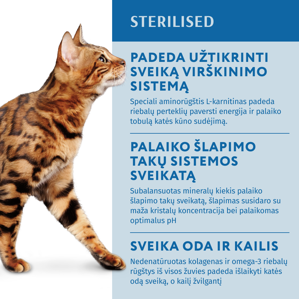 OPTIMEAL™ Sausas pašaras sterilizuotoms katėms su lašiša privalumai