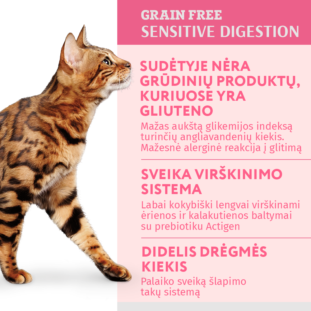 OPTIMEAL™ begrūdis konservuotas pašaras suaugusioms katėms su ėriena ir kalakutiena,  jautriam virškinimui 12x0.085 kg privalumai