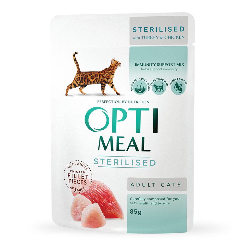OPTIMEAL™ konservuotas pašaras sterilizuotoms katėms su kalakutiena ir vištiena 12x0.085 kg
