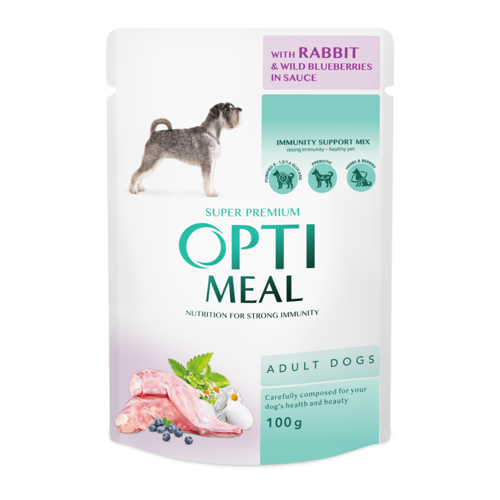 OPTIMEAL ™ visavertis konservuotas pašaras suaugusiems šunims su triušiena ir mėlynėmis padaže 12x0.085 kg