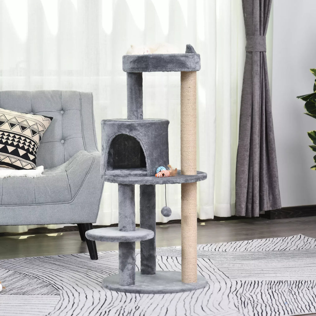 4 stāvu kaķu māja ar alu, mājiņu, rotaļlietām, sēdēšanas platformu, sizala stabu un skrāpēšanas stabu, liela, stabila, grezna, pelēka, izgatavota no sizala un plīša, 48x48x104 cm
