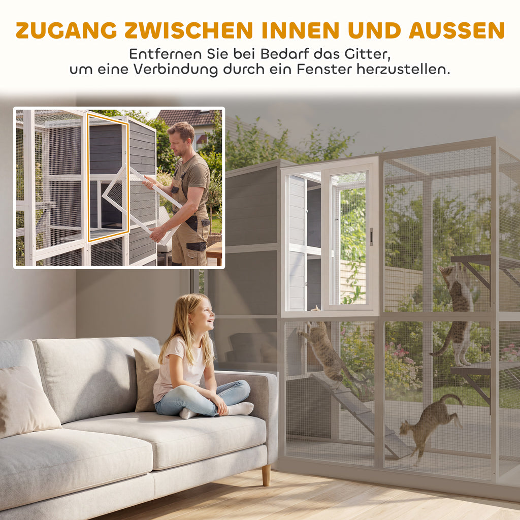 Lauko voljeras katėms 191x83x178 cm, medinis, su nameliu, 3 platformomis ir stogu, 3–4 katėms iki 10 kg, pilkas