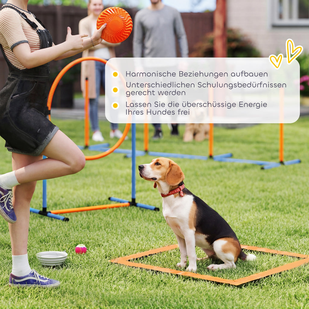 Agility rinkinys šunims, 11 dalių, su 2 tuneliais, šuolių lanku, barjerais ir slalomo stulpais, oranžinis