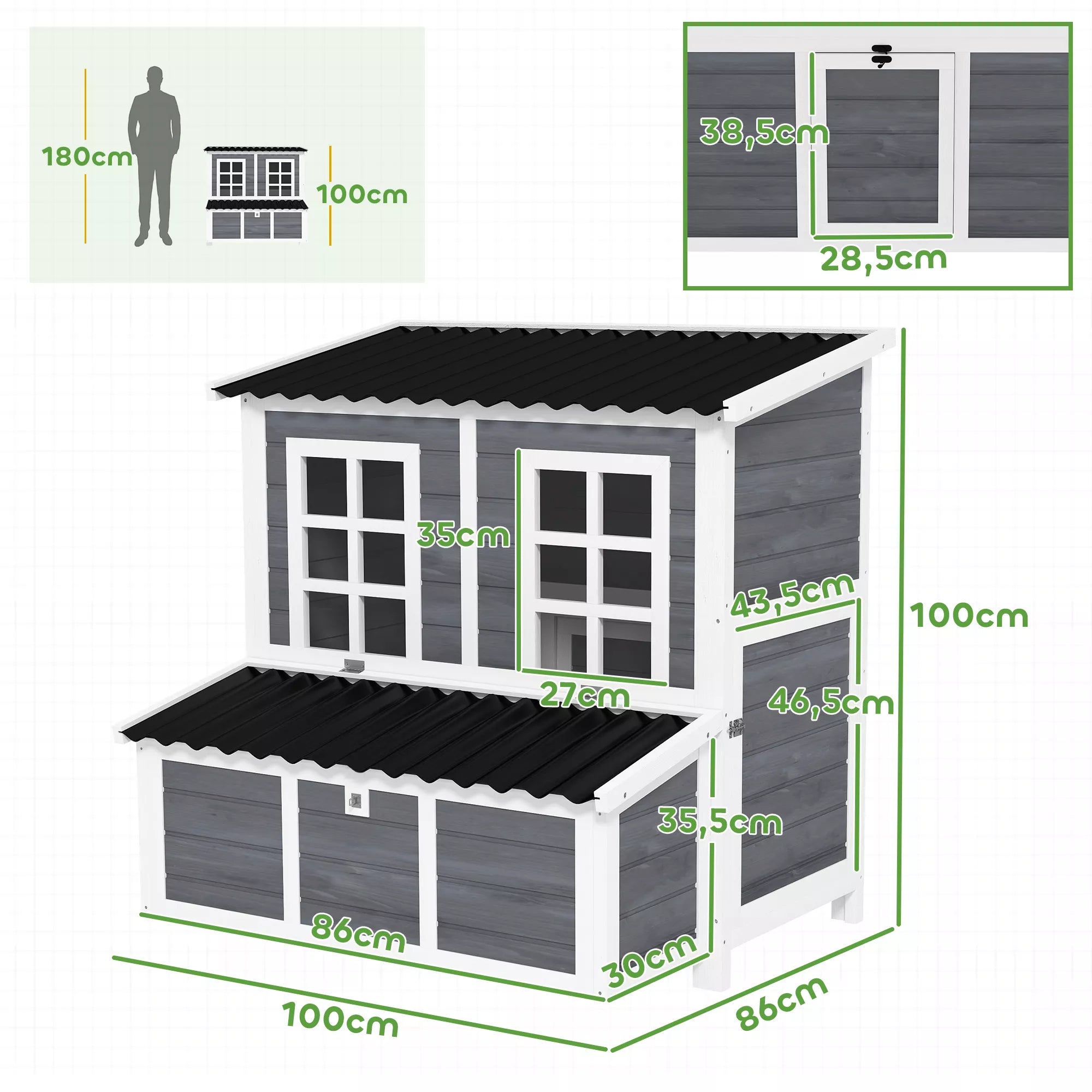 Vistu kūts ar ligzdošanas kasti 4-6 vistām, ūdensnecaurlaidīgs jumts, egles koks, plastmasa, 100 x 86 x 100 cm, gaiši pelēka