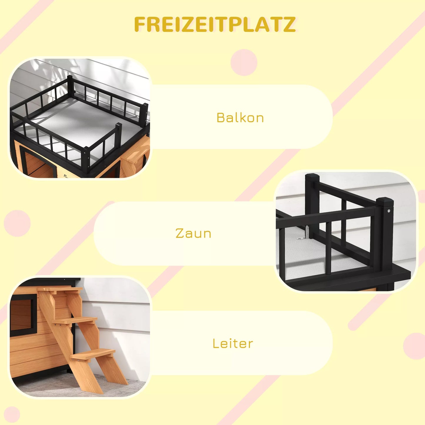 Suņu būda ar jumta terasi, laikapstākļiem izturīga, koka, 121x77x78cm, melna/dzeltena