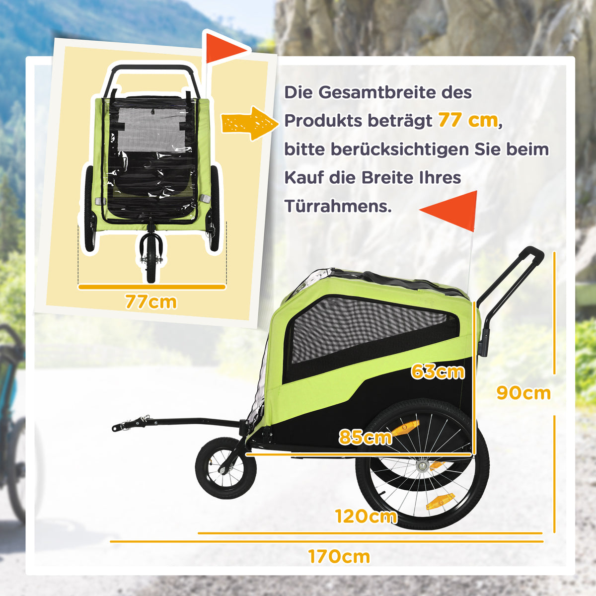 Dviračio priekaba-vežimėlis šunims 2 in 1, šunims iki 30 kg, 170x77x90 cm, žalia