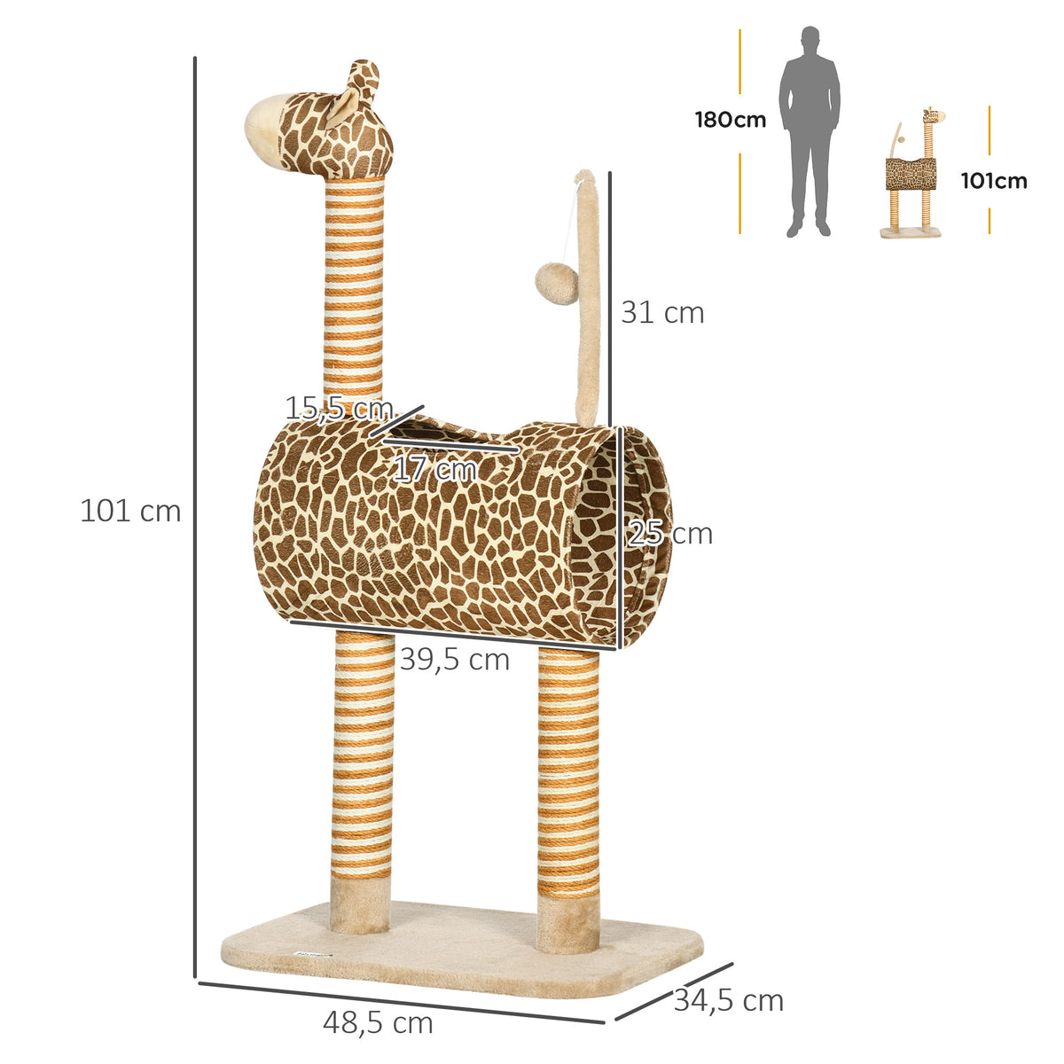 Draskyklė 101 cm žirafos formos su tuneliu, žaislu ir džiuto stulpais, katėms iki 5 kg, smėlio spalvos