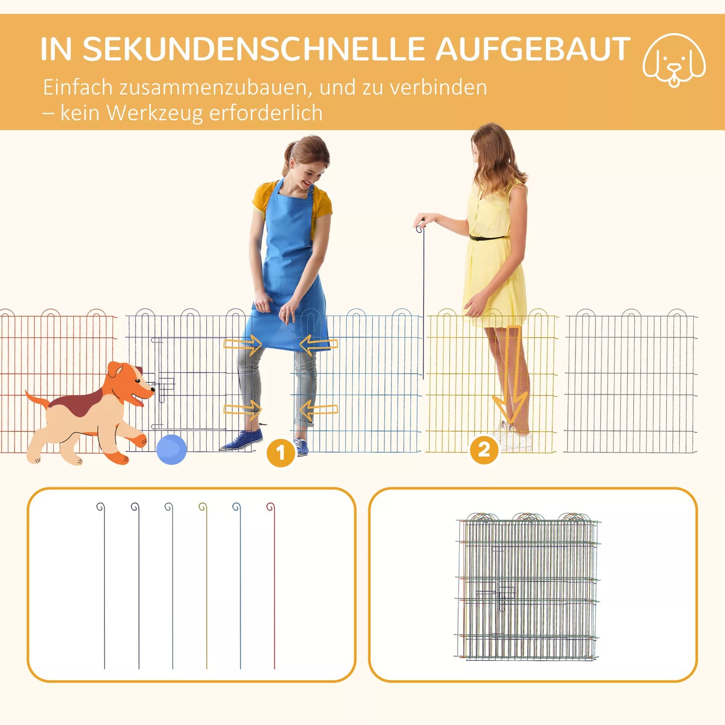 Atpūtas voljērs, kucēnu aploks, modulārs dizains, slēdzams, metāla, Ø120x60cm augstums, krāsains