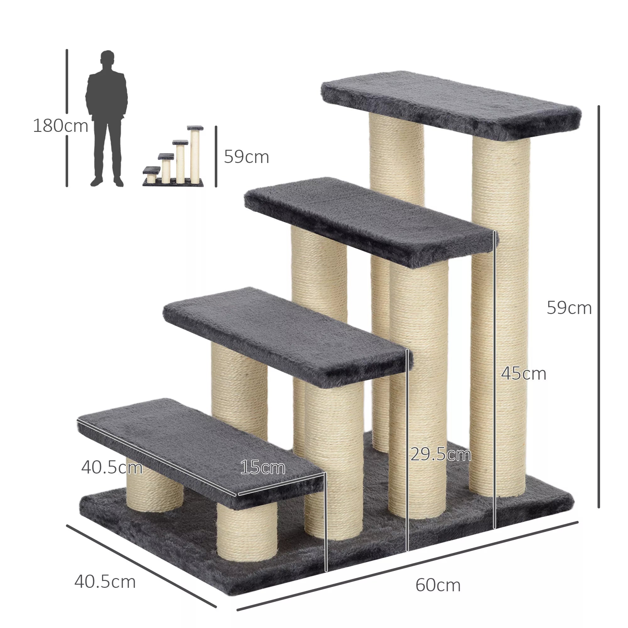 Suņu kāpnes ar 4 pakāpieniem, 59 cm augstas, mājdzīvnieku pakāpieni kaķiem un suņiem, suņu rampa, kaķu pakāpieni, iekāpšanas palīglīdzeklis gultai, dīvāns, kušete, pelēka