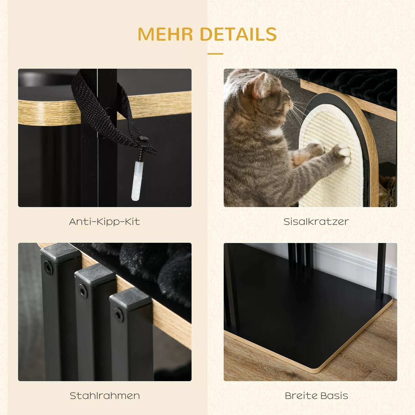 Kaķu māja, industriāls dizains, 3 platformas, 2 guļampapīri, skrāpējamā siena, tērauda rāmis, melna, 85 x 48 x 170 cm