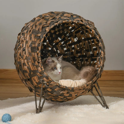 Rattan Cat House with Cushion, Cat Bed with Raised Legs, Brown, Ø52 x 58 cm