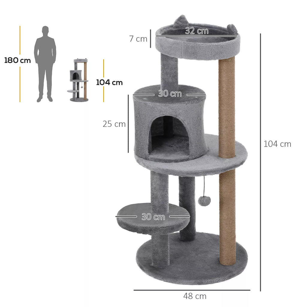4 stāvu kaķu māja ar alu, mājiņu, rotaļlietām, sēdēšanas platformu, sizala stabu un skrāpēšanas stabu, liela, stabila, grezna, pelēka, izgatavota no sizala un plīša, 48x48x104 cm