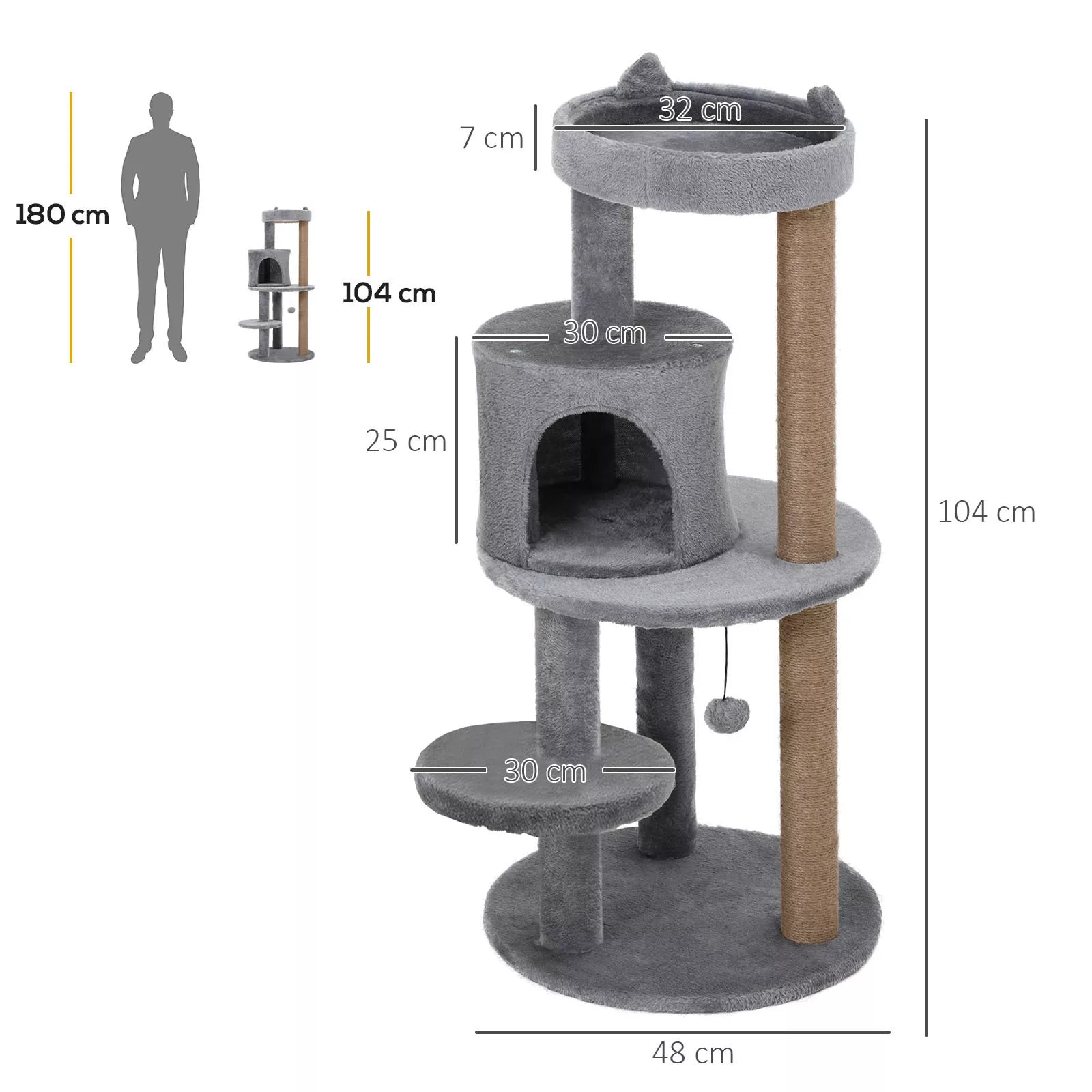 4 stāvu kaķu māja ar alu, mājiņu, rotaļlietām, sēdēšanas platformu, sizala stabu un skrāpēšanas stabu, liela, stabila, grezna, pelēka, izgatavota no sizala un plīša, 48x48x104 cm
