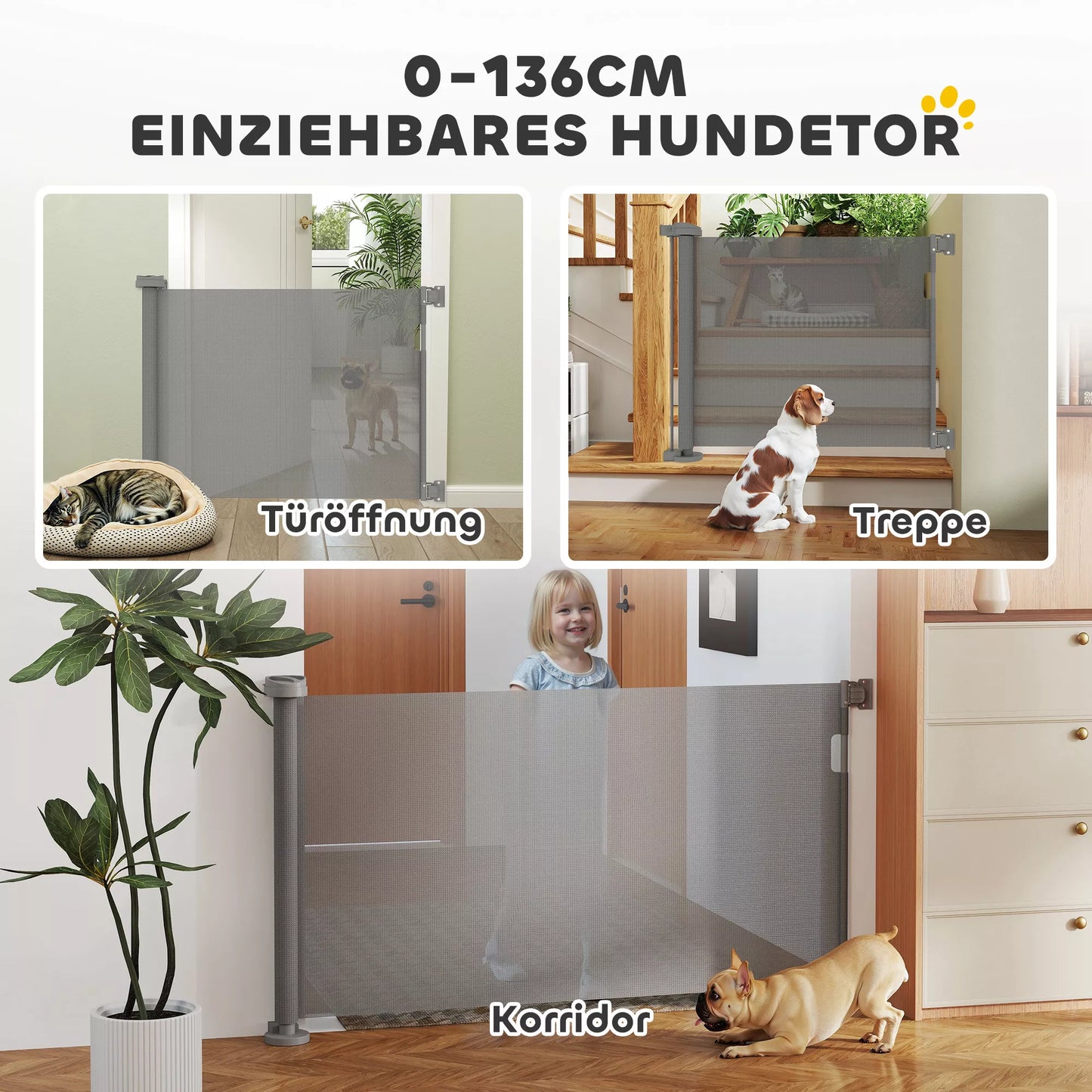 Ištraukiami apsauginiai varteliai laiptams ir durims, 0-136cm, 87cm aukščio, gyvūnams, 142 x 10 x 87 cm, pilki