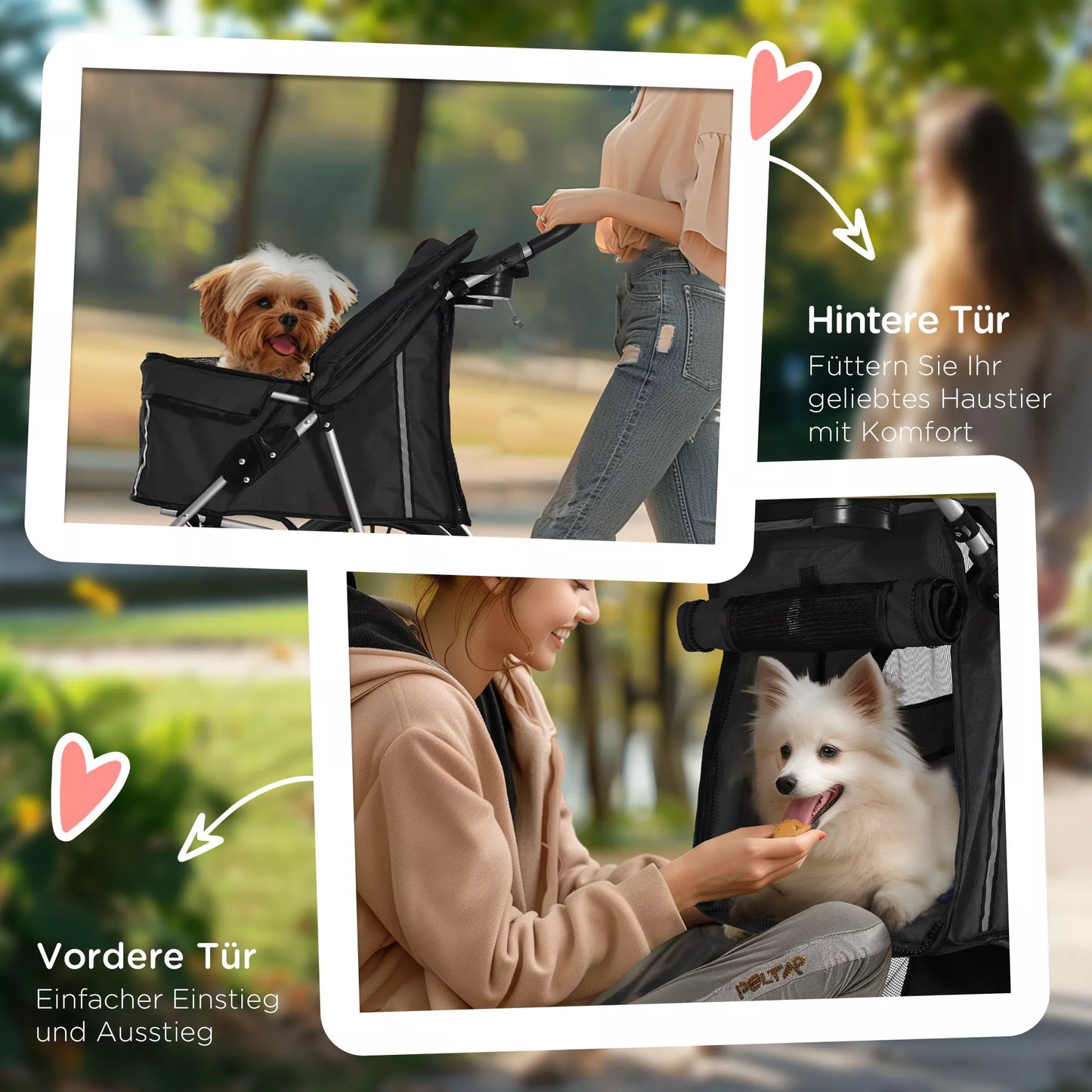 Sulankstomas šunų vežimėlis su puodelio laikikliu ir stogeliu nuo saulės, juodas