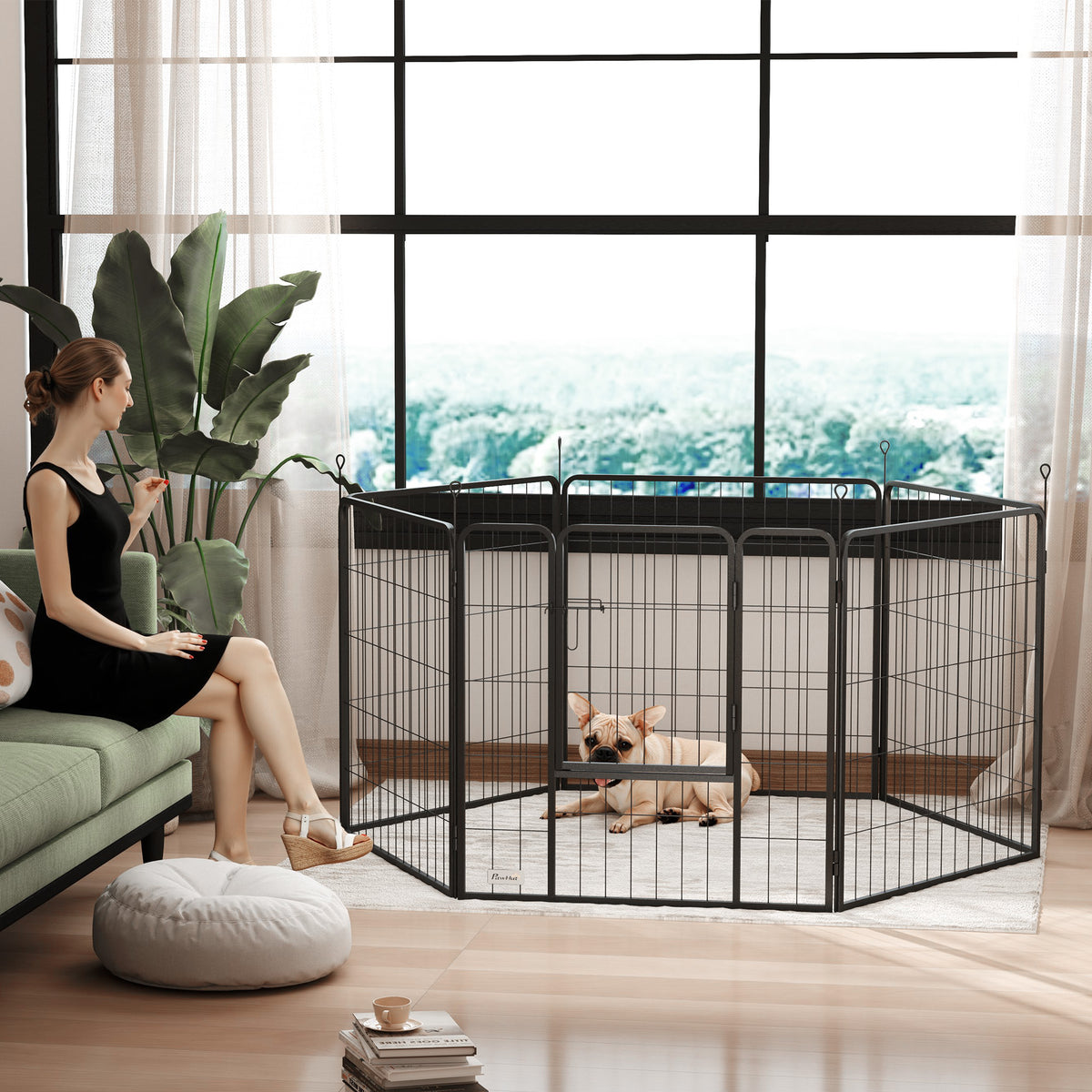 Aptvaras šuniukams iš 6 plieninių plokščių, 160x80x80 cm, sulankstomas, su durelėmis, pilkas