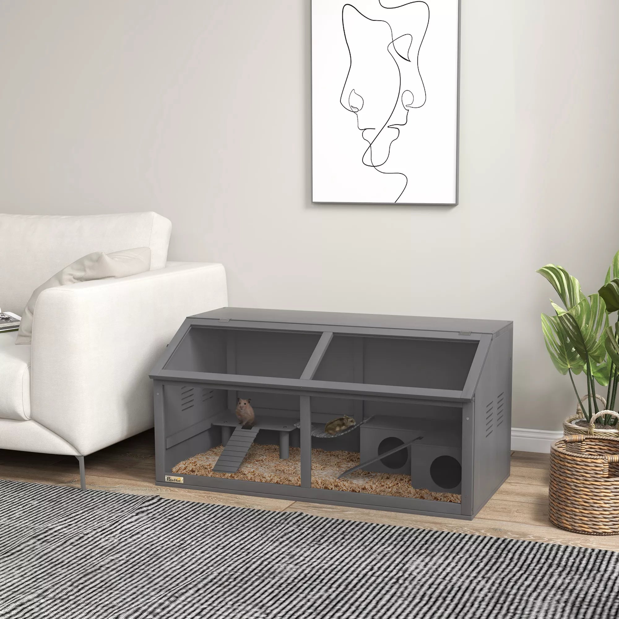 Smulkaus gyvūnėlio ir graužikų narvas su priedais, eglės mediena, 100 cm x 52 cm x 50 cm, pilkas