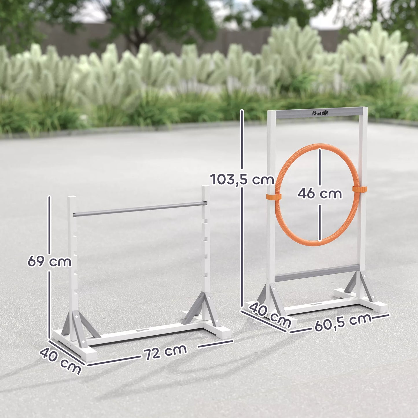 Suņu veiklības komplekts, 4 daļu treniņu aprīkojums ar regulējama augstuma šķēršļiem un stīpu, balts