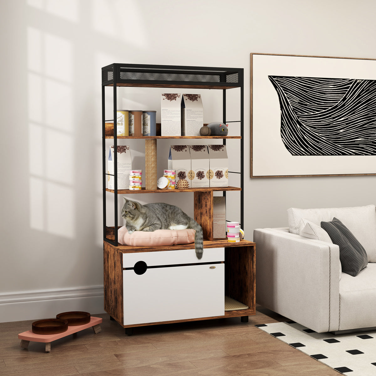 Spintelė kačių tualetui su 3 lentynomis ir draskymo stulpu, 80x48x152 cm, 1–2 katėms, ruda