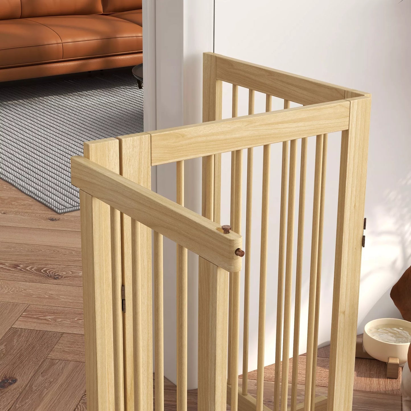 Freestanding folding dog fence with door and supports, wooden frame, 220x36x91cm