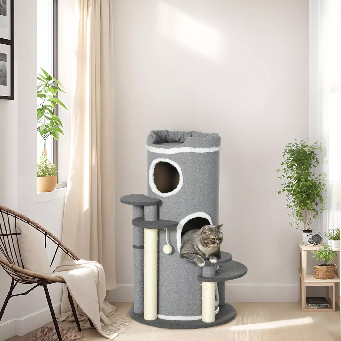 Kačių draskyklė cilindras, 2 kačių namelyje, 4 miego vietos, 4 draskymo stulpeliai, 57 cm x 57 cm x 99 cm, Pilka + Balta