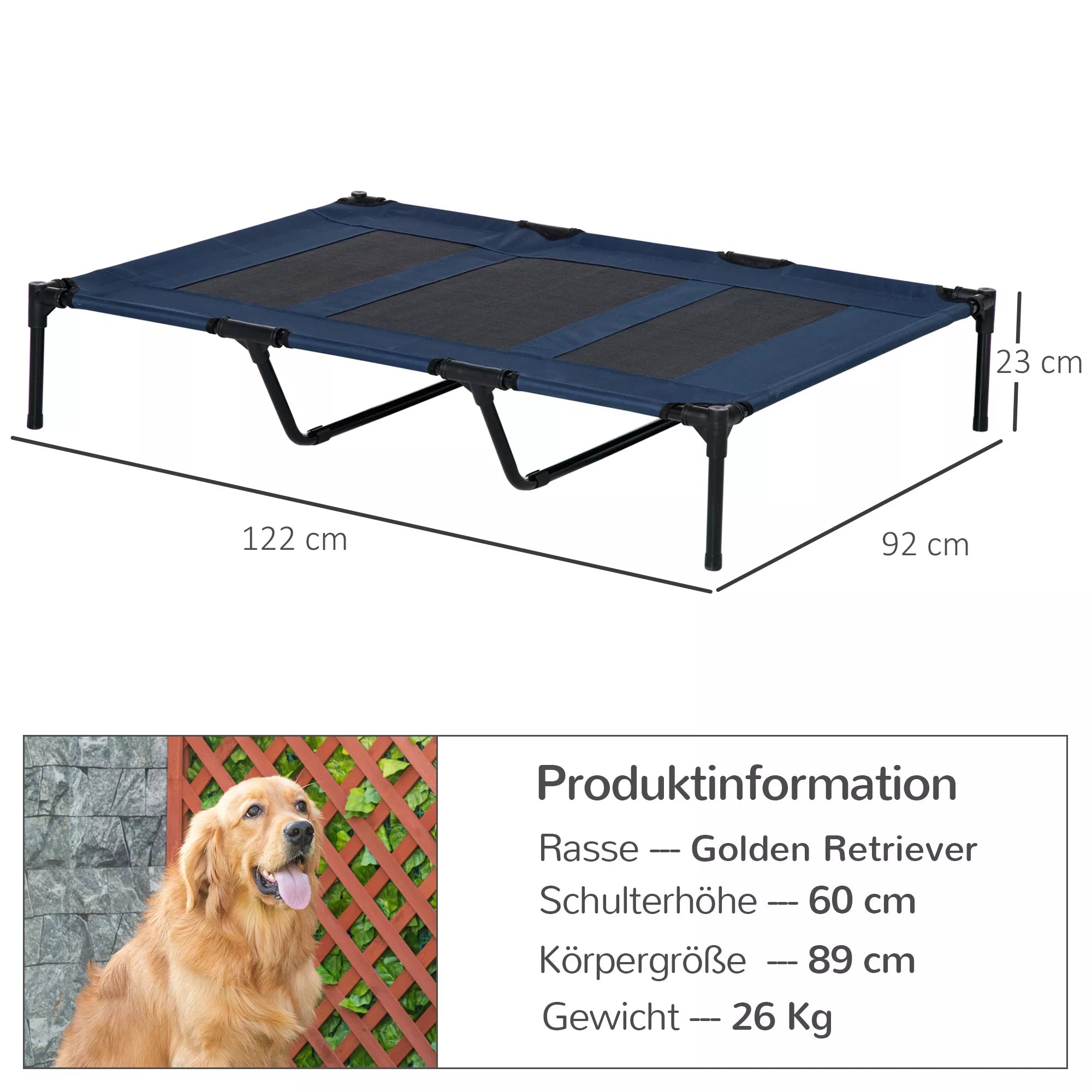 Salokāma suņu gulta āra lietošanai ar paceltu platformu, 122 cm x 92 cm x 23 cm, zila + melna