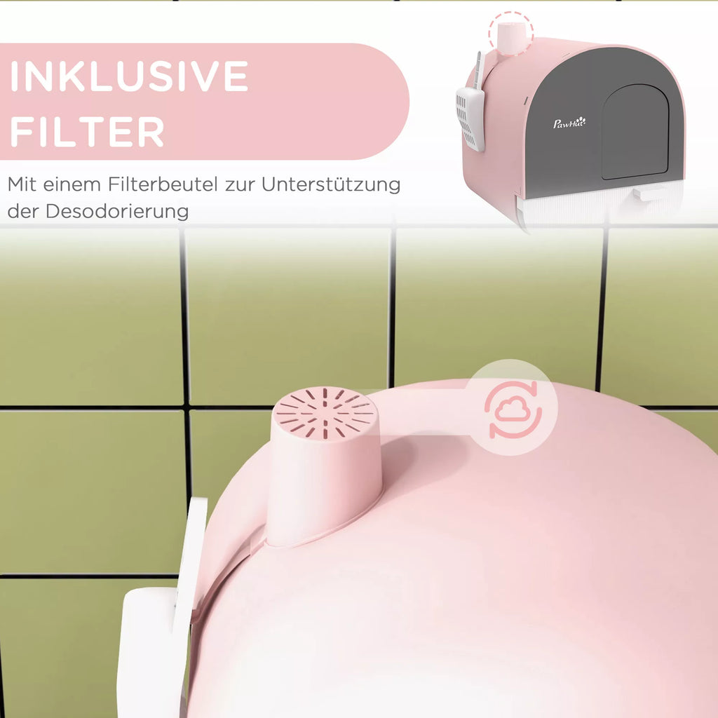 Katės tualetas su dangčiu, kastuvėliu, nešvarumų surinkimo kilimėliu, plastikinis, rožinis/juodas