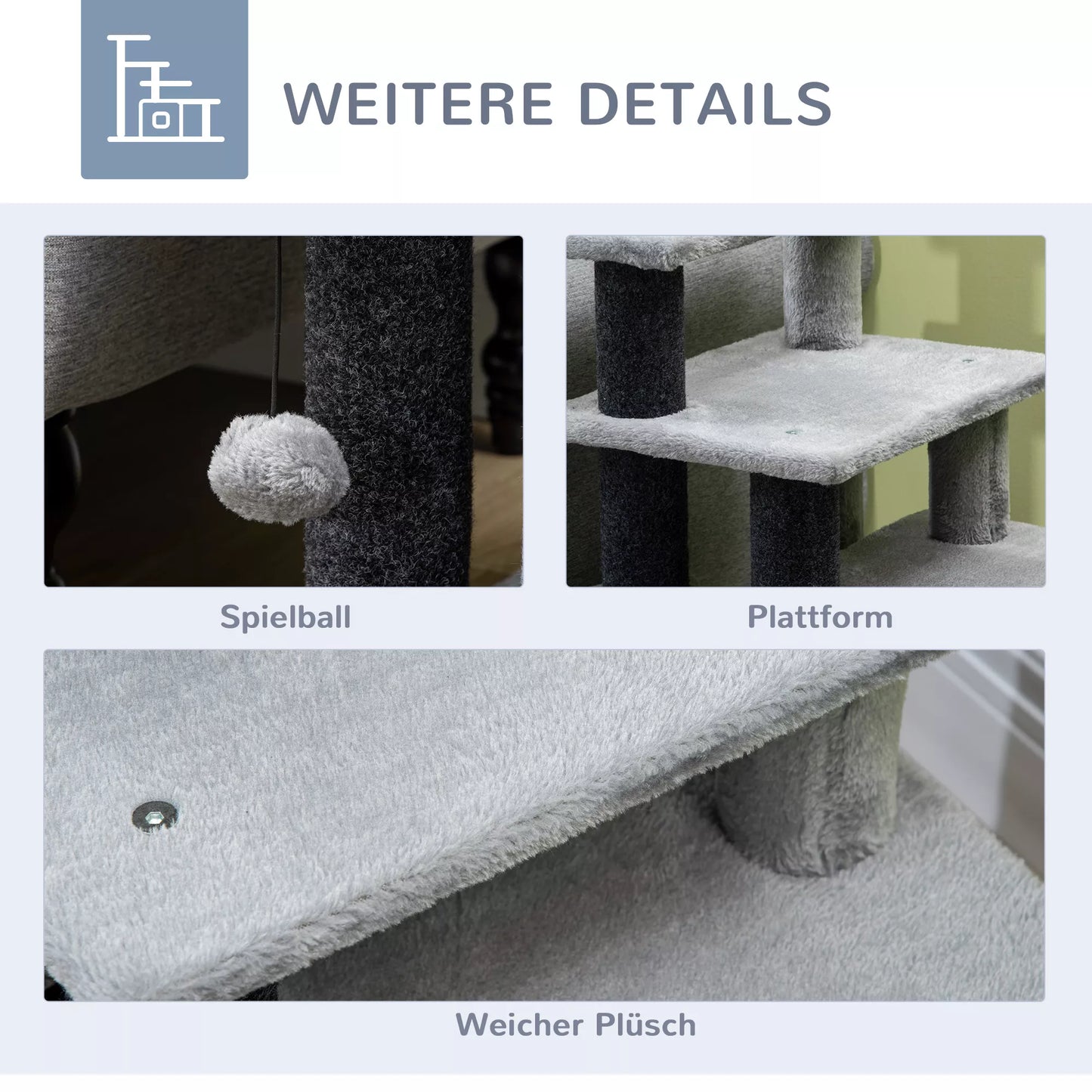 Kaķu skrāpēšanas stabs, dzīvnieku pakāpieni, 4 līmeņi, rotaļu bumba, mājiņa, regulējams augstums, melna+pelēka, 60 x 40 x 66 cm