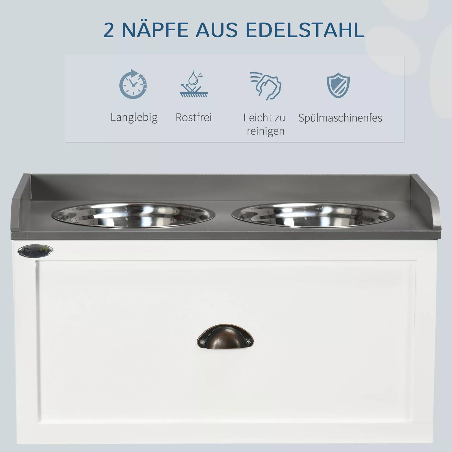 Barošanas stacija, 2 bļodas, katra 2 litri, nerūsējošā tērauda, ​​ar atvilktni, lieliem suņiem, balta+pelēka, 60 x 30 x 36 cm