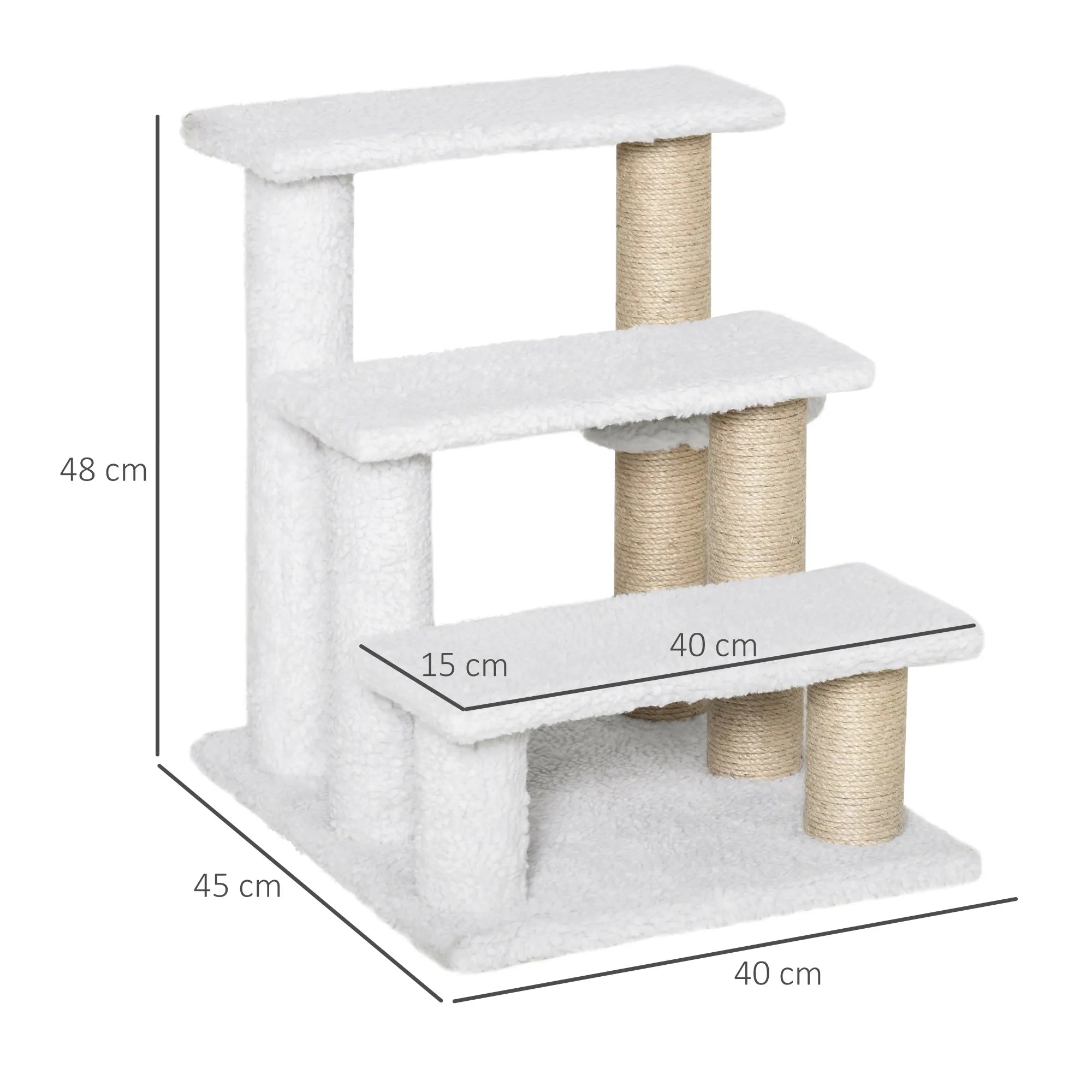 3 pakāpienu mājdzīvnieku kāpnes ar skrāpējamiem stabiem un bumbu, kaķiem līdz 5 kg, suņiem, plīša, džutas, baltas, 45 x 40 x 48 cm