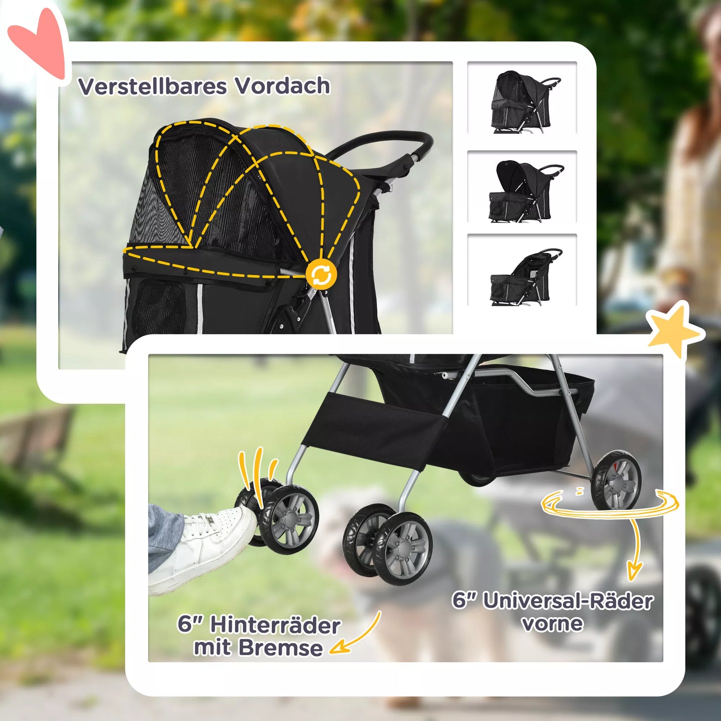 Sulankstomas šunų vežimėlis su puodelio laikikliu ir stogeliu nuo saulės, juodas