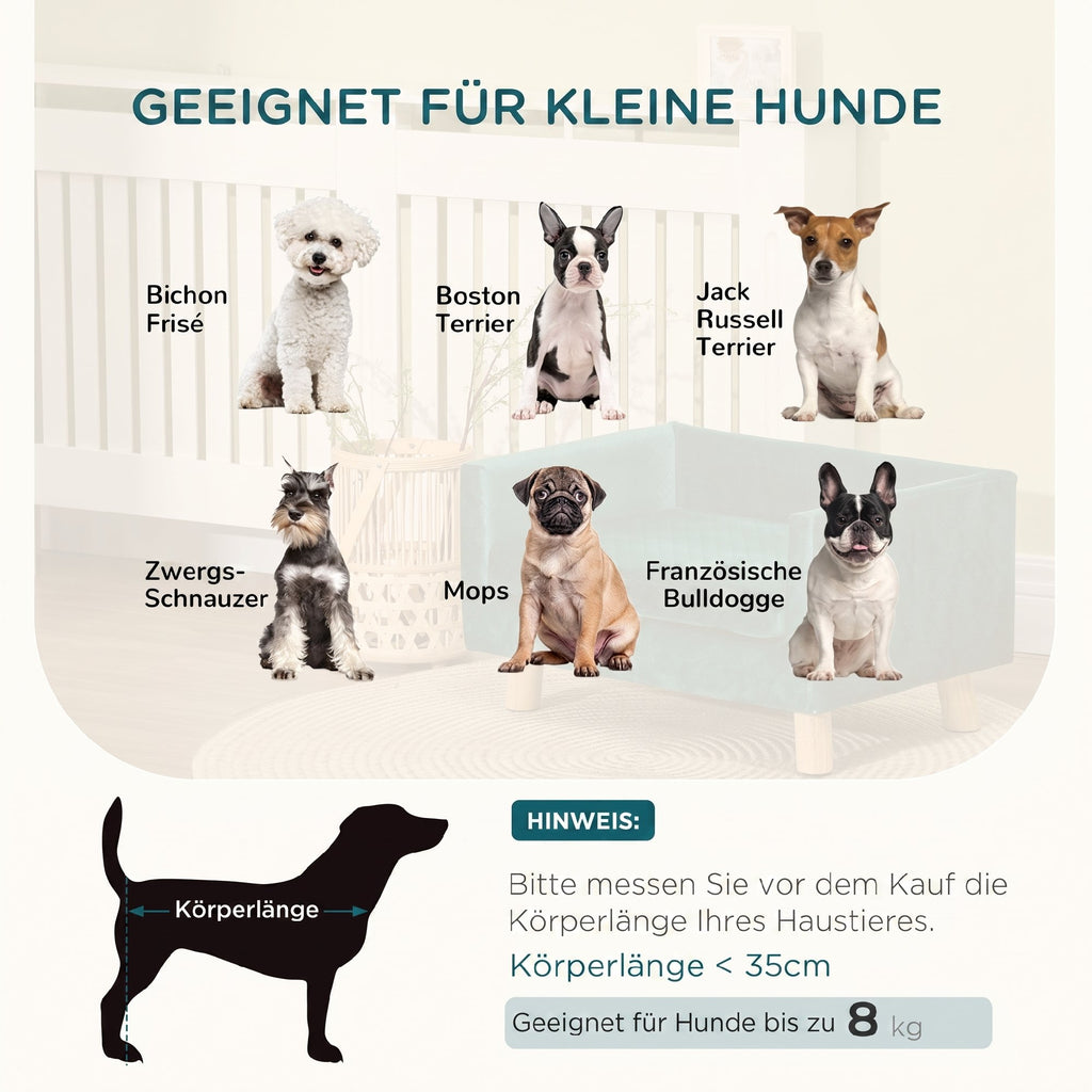 Sofa šunims ir katėms su atlošu ir pagalvėle, aksominė, medinėmis kojelėmis, iki 8 kg, 64x45x36 cm, mėlyna
