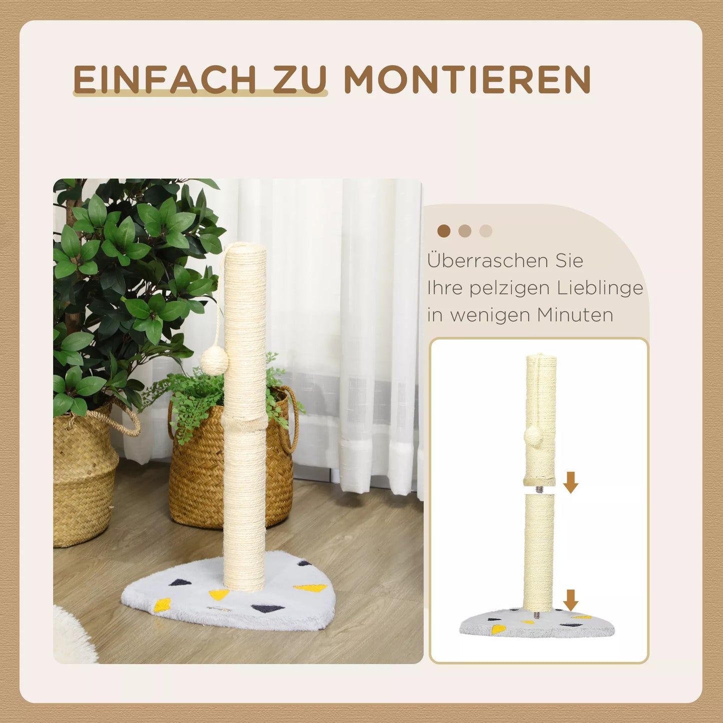 Cat scratching post with play ball, compact size, sturdy jute rope, light gray+beige, 35 x 35 x 62 cm