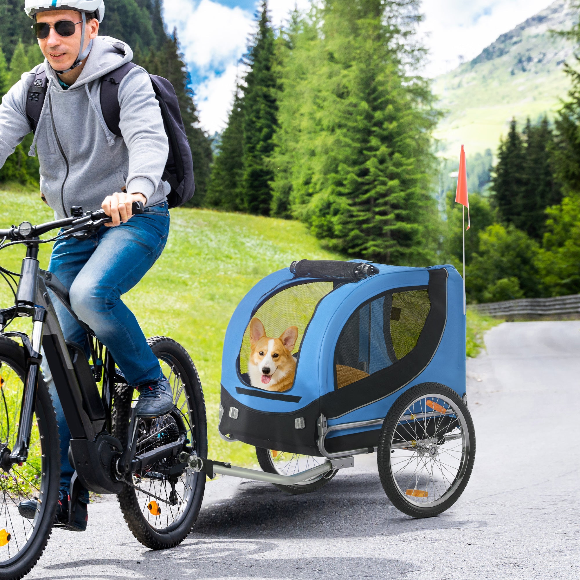 Dviračių priekaba iki 20kg, universali jungtis, saugos diržas, atšvaitas, plienas, mėlyna+juoda