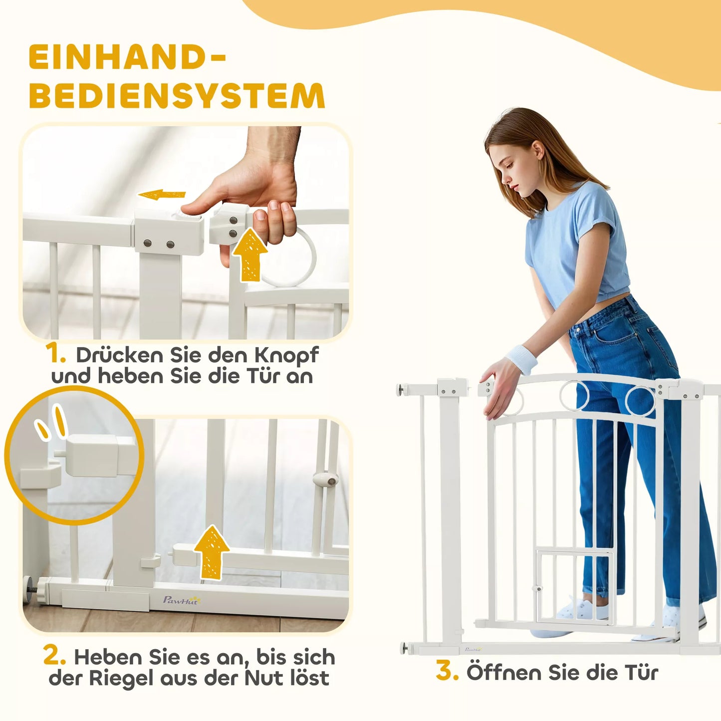 Mājdzīvnieku vārtiņi, 77 cm kāpņu vārtiņi, regulējams platums 76-104 cm, ar kaķu durvīm, kāpnēm un durvju ailēm, balti