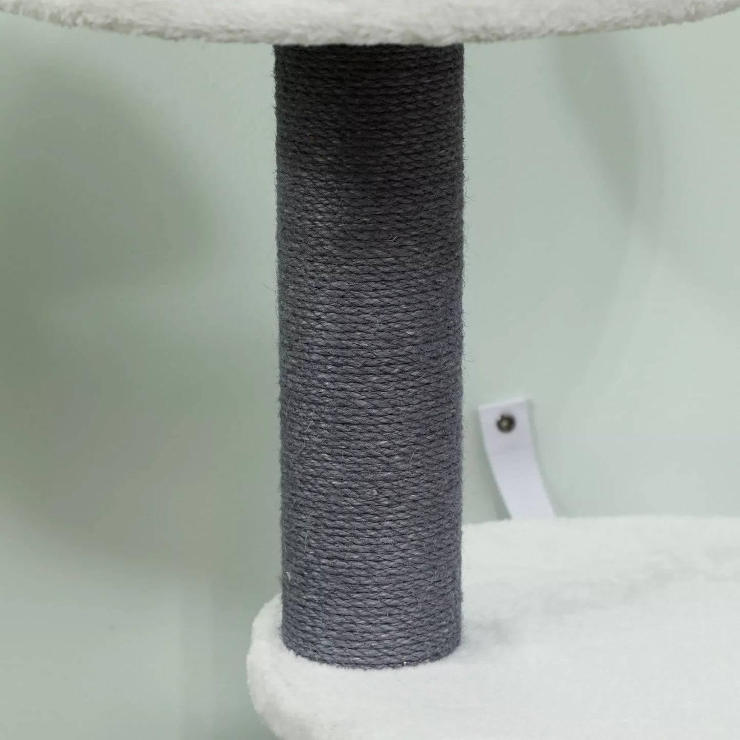 Cat tree with 1 cat cave, 1 cat bed, 2 platforms, felt rope posts, white + gray