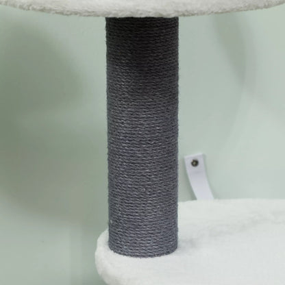 Cat tree with 1 cat cave, 1 cat bed, 2 platforms, felt rope posts, white + gray