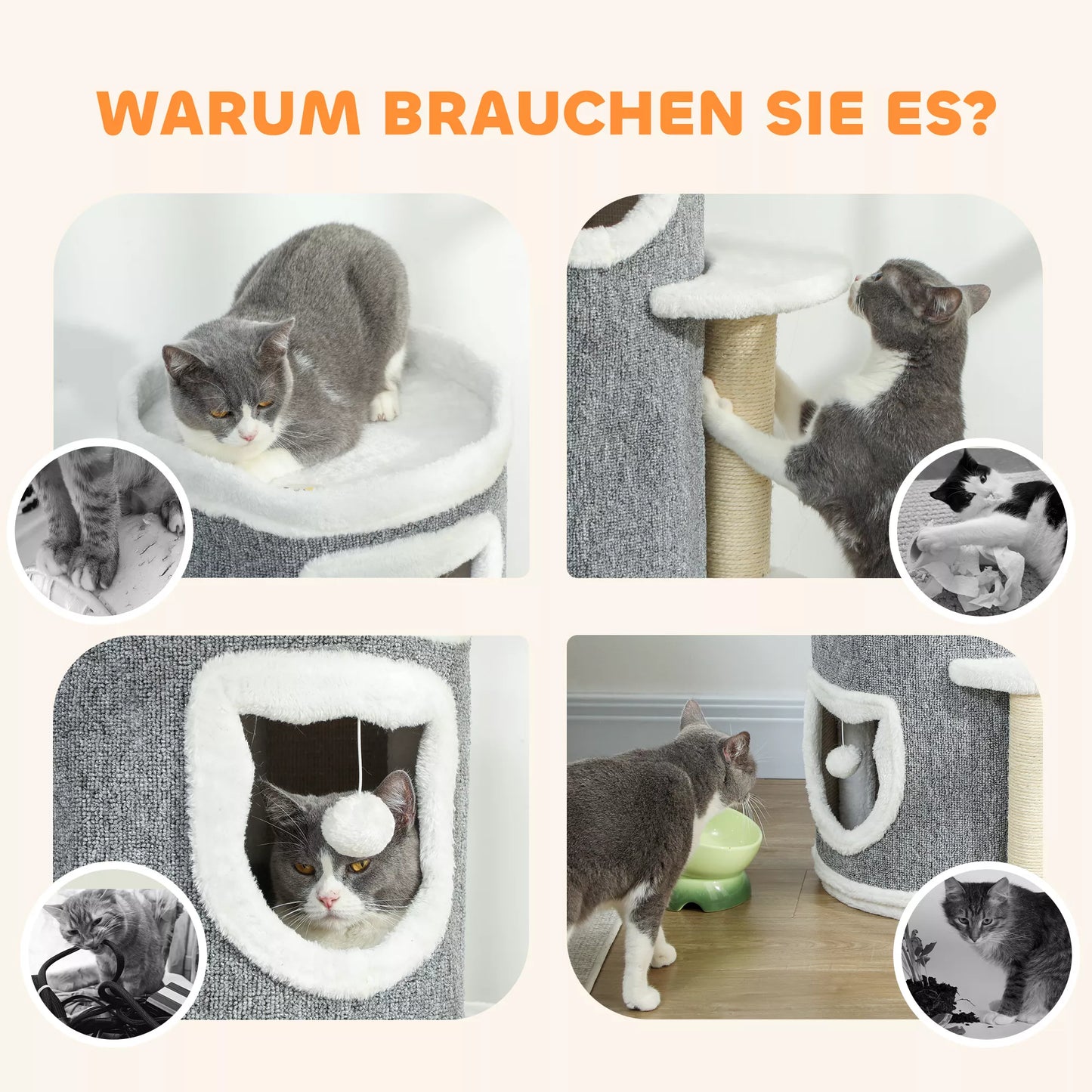 101 cm kaķu tornis, 3 līmeņi, 3 guļamvietas, rotaļu bumbiņas, skrāpējamais stabs, sizala materiāls, skaidu plāksne, pelēks