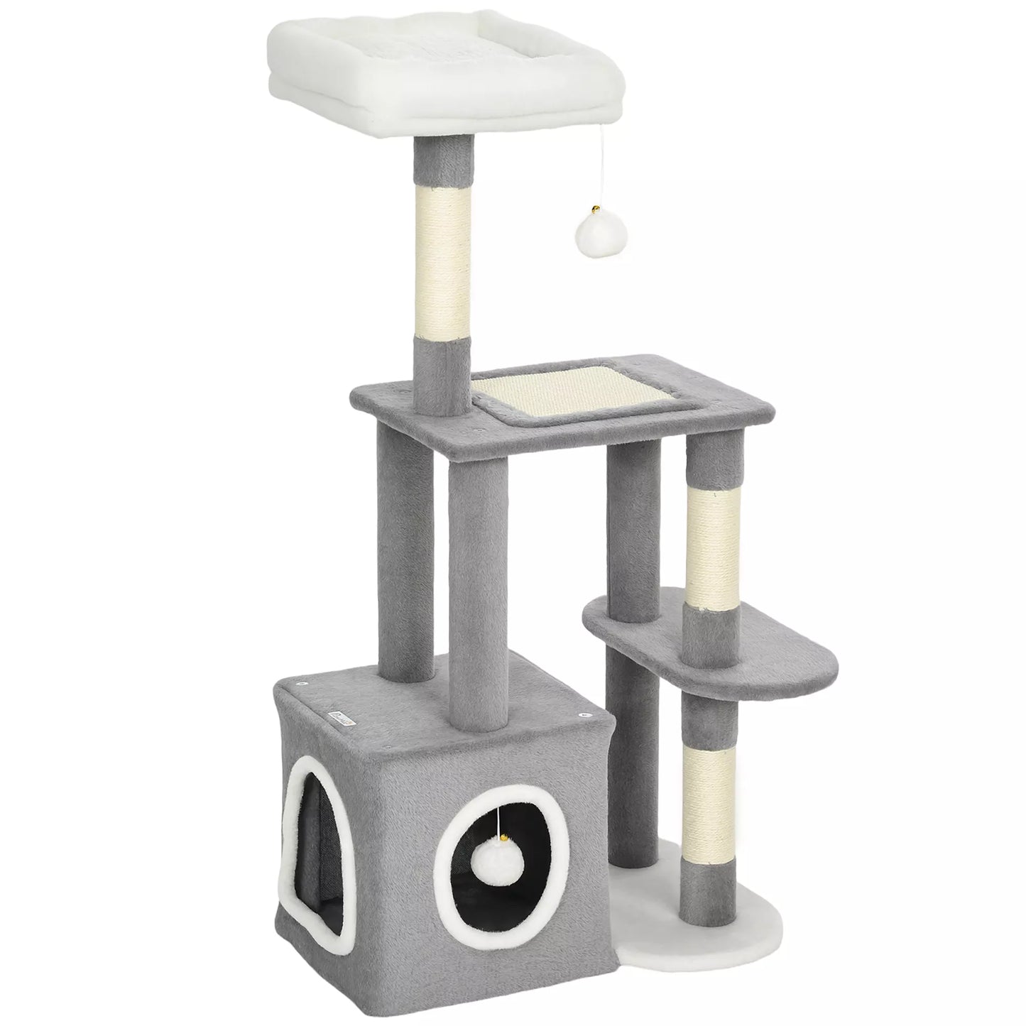 107 cm kačių medis, kačių bokštas su urveliu, 2 pliušiniai kamuoliukai, sisaliniai stiebai, didelė platforma, 55x40x107 cm, pilkos spalvos