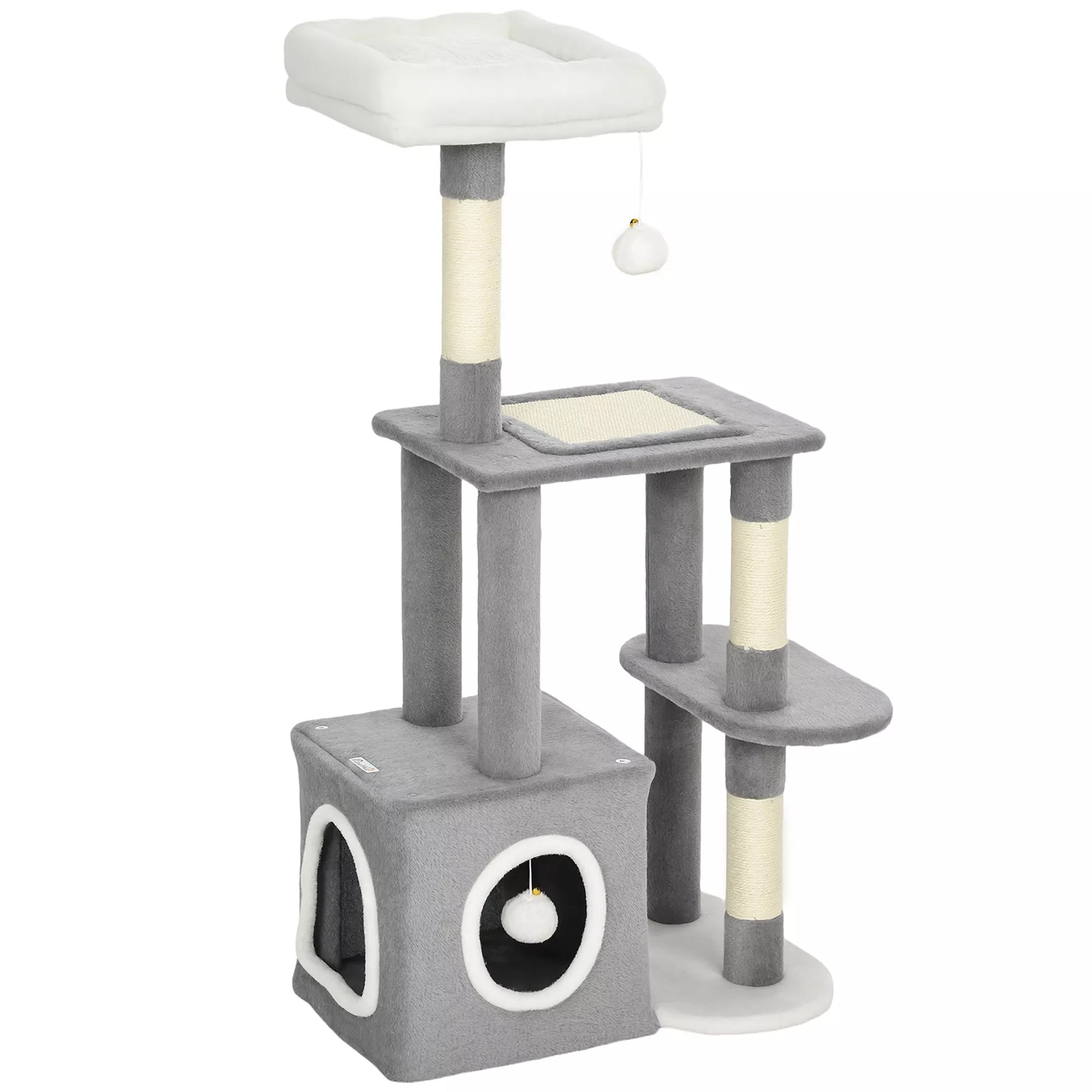 107 cm kačių medis, kačių bokštas su urveliu, 2 pliušiniai kamuoliukai, sisaliniai stiebai, didelė platforma, 55x40x107 cm, pilkos spalvos