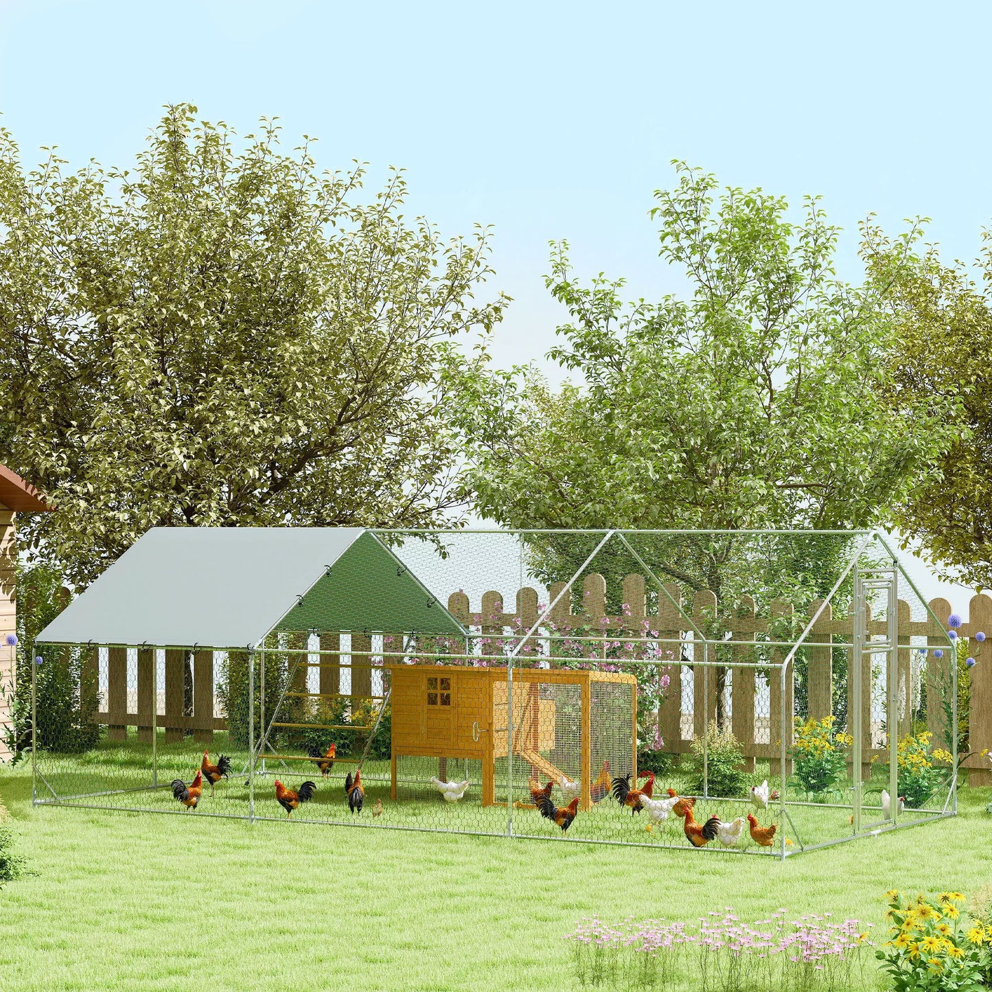Vištidė, lauko aptvaras vištoms, su UV atsparia danga, plieniniu tinkleliu, lesyklėlė, 18-24 vištoms