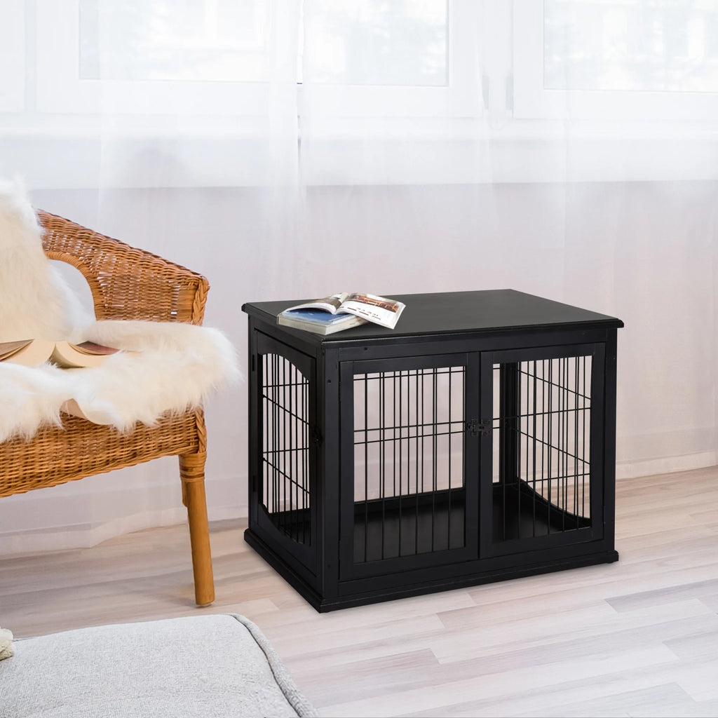Suņu transportēšanas kaste 58,5 cm x 81 cm x 66 cm ar durvīm, MDF koks un dzelzs, 58,5 cm x 81 cm x 66 cm, melna