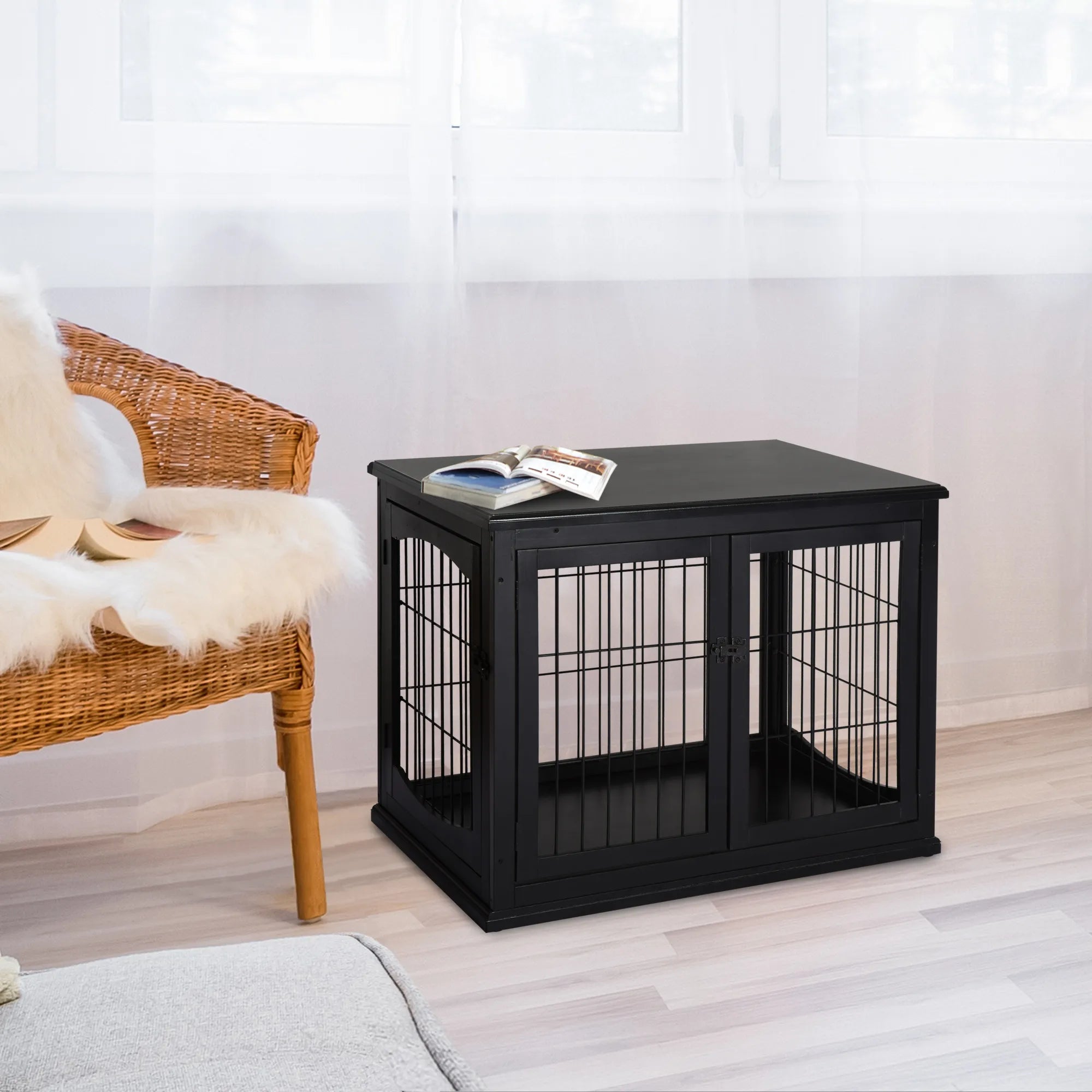 Suņu transportēšanas kaste 58,5 cm x 81 cm x 66 cm ar durvīm, MDF koks un dzelzs, 58,5 cm x 81 cm x 66 cm, melna