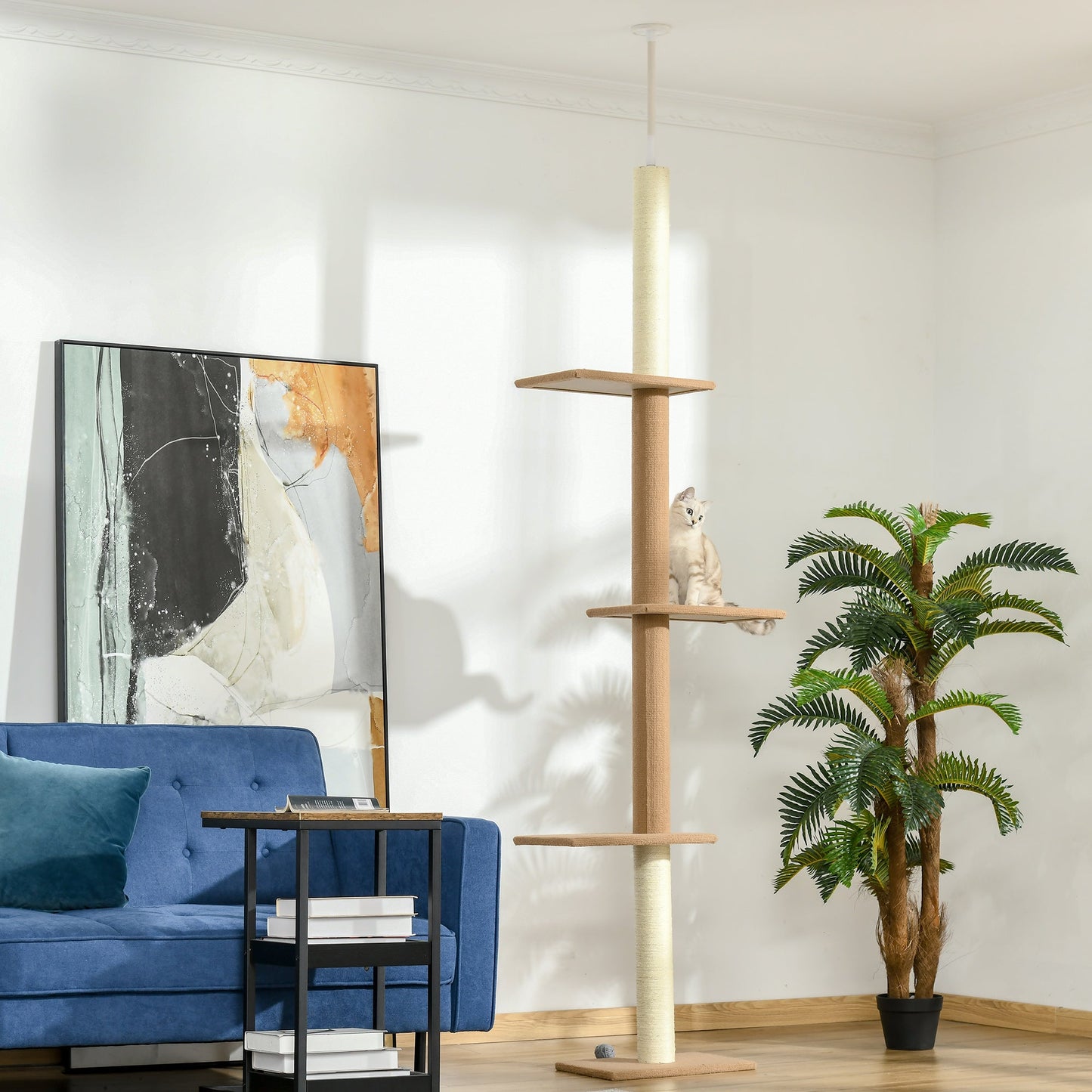 Kaķu koks līdz griestiem, 228–260 cm, kaķu koks ar regulējamu augstumu, kaķu kāpnes ar 3 līmeņiem, kaķu skrāpēšanas stabs, rotaļu koks no grīdas līdz griestiem haki krāsā